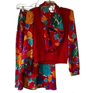 Vintage Sweater and Skirt Set Bright Floral Satin Sz Small